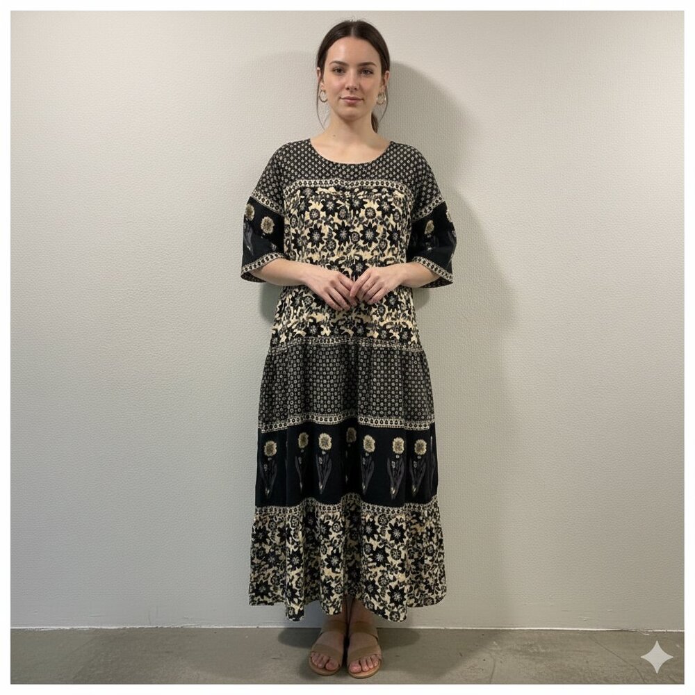 LA CERA Midi Boho Tiered Short Sleeve Oversize Dress Black/Cream Woman Size L